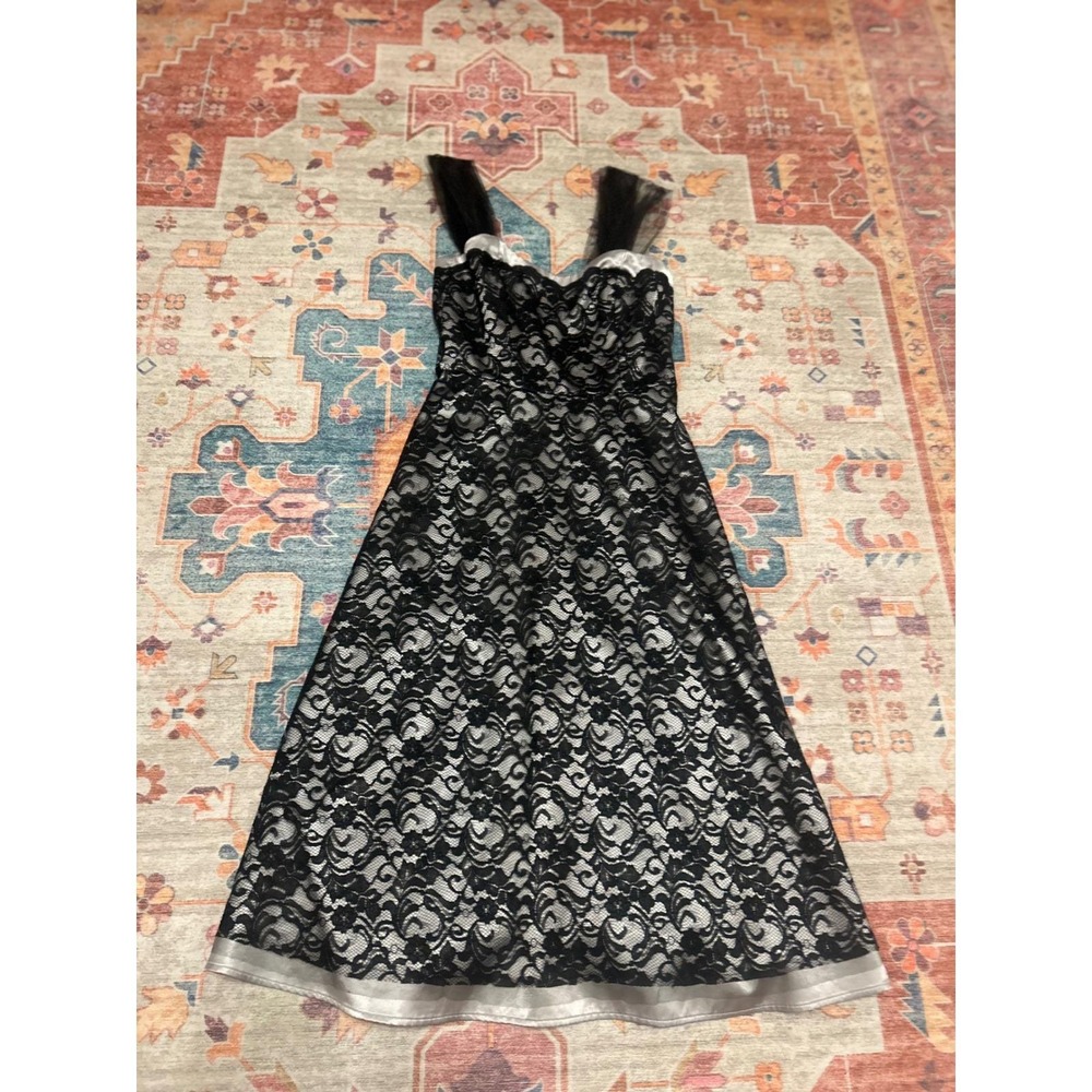 WHBM SZ 10 black lace silver gray Tea length formal cocktail dress wedding party - Picture 7 of 13